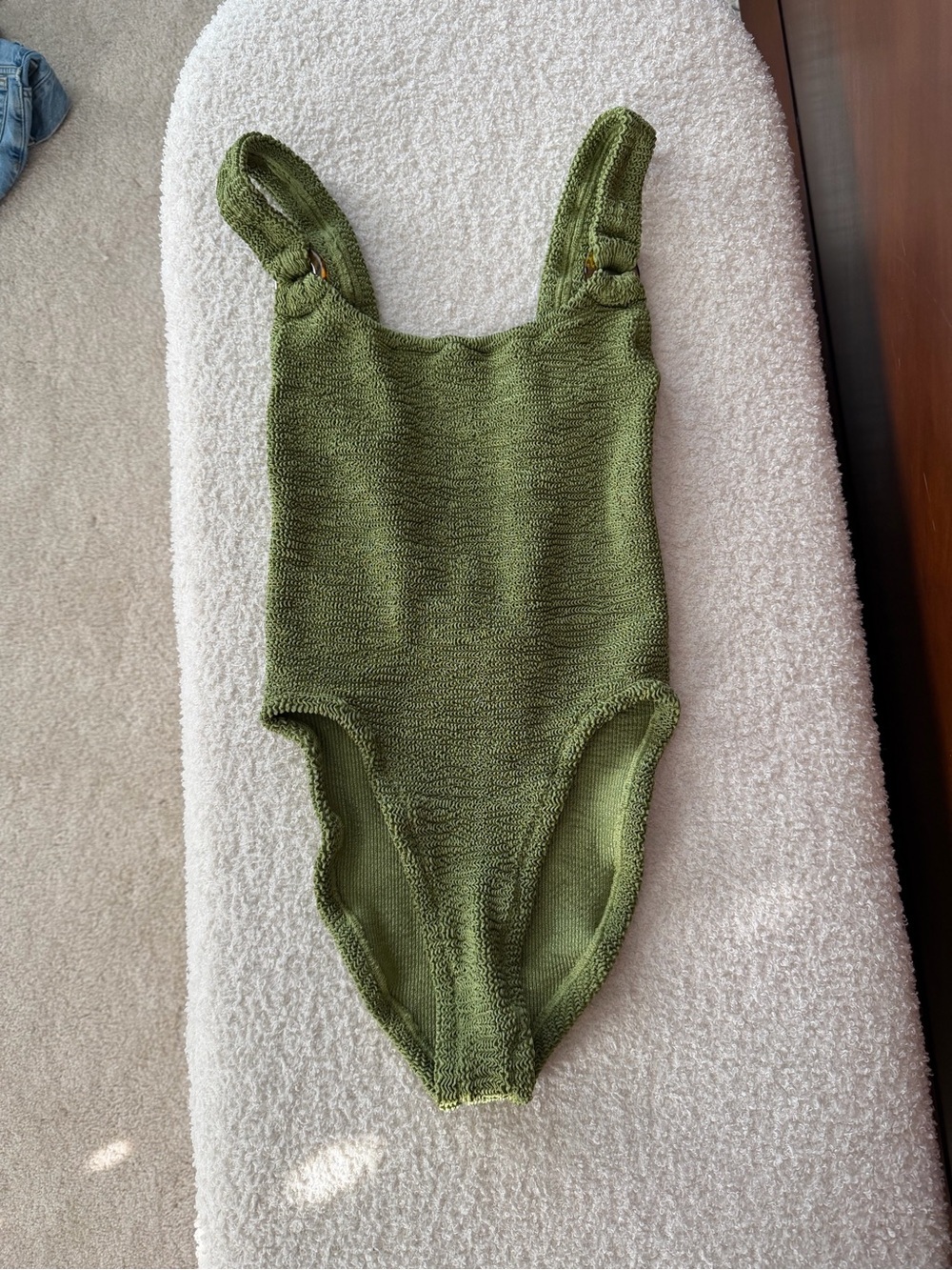 Hunza G Olive Green Crinkle One-Piece Swimsuit | Tortoiseshell Rings